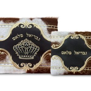 כיסוי לטלית ותפילין רש''י ר''ת חום לבן כתר עגול זהב עור באמצע - עור אמיתי